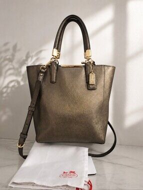 Coach Metallic Bronze Saffiano Leather Mini Tote Crossbody Satchel Dust Bag EUC